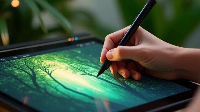 Digital Illustration Kursbild mit einem Grafiktablett und einer abstrakten Waldillustration