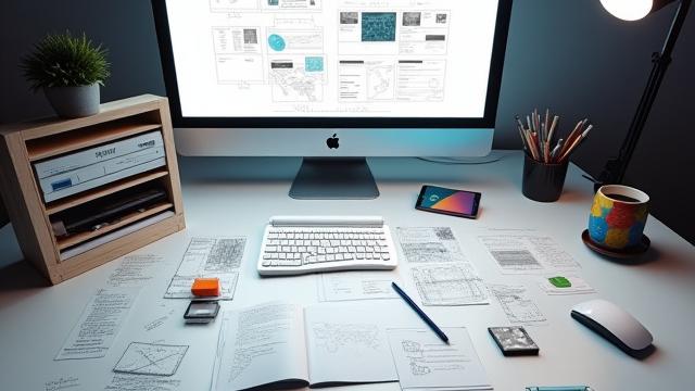Grundlagen des UI/UX-Designs Kursbild mit Skizzen und Benutzeroberflächen