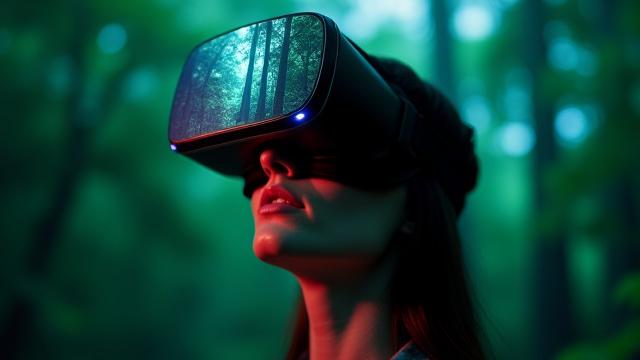 Virtueller Regenwald Workshop Bild mit einer Gruppe in VR-Headsets umgeben von üppiger digitaler Vegetation