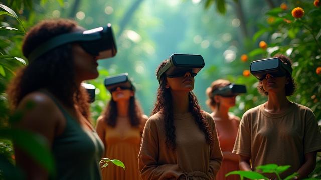 Virtueller Regenwald Workshop Bild mit einer Gruppe in VR-Headsets umgeben von üppiger digitaler Vegetation